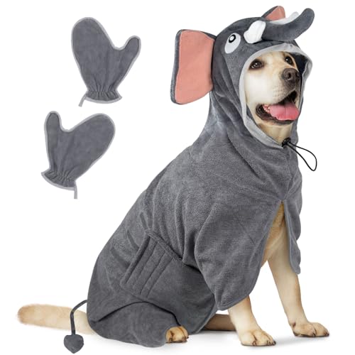 Bibykivn Hundebademantel Schnell Trocknend Badetuch aus Mikrofaser, Einstellbar Hundehandtuch mit Klettverschluss, Saugfähiger Hunde Bademantel mit Hut für Mittlere Kleine Hunde (Elefant, L) von Bibykivn