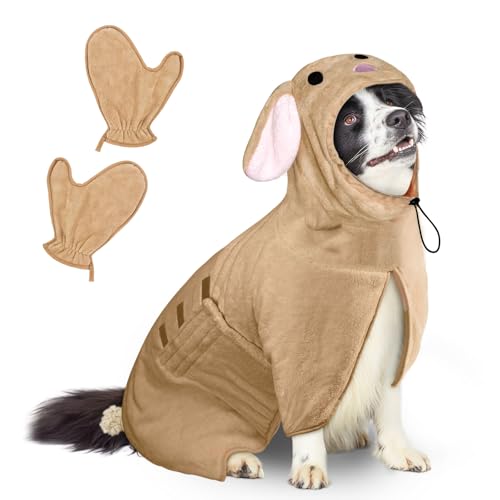 Bibykivn Hundebademantel Schnell Trocknend Badetuch aus Mikrofaser, Einstellbar Hundehandtuch mit Klettverschluss, Saugfähiger Hunde Bademantel mit Hut für Mittlere Kleine Hunde (Kaninchen, M) von Bibykivn