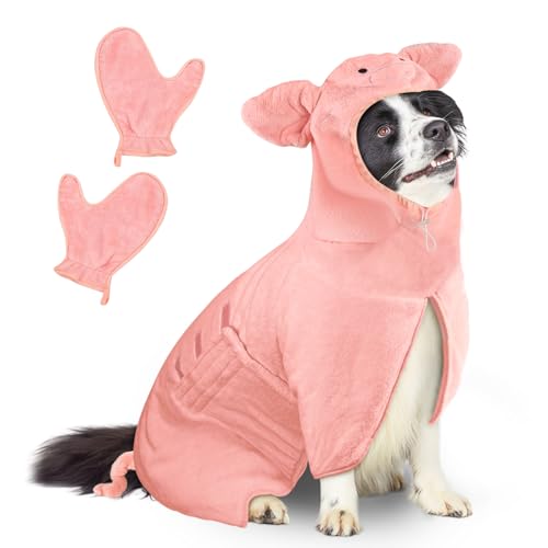 Bibykivn Hundebademantel Schnell Trocknend Badetuch aus Mikrofaser, Einstellbar Hundehandtuch mit Klettverschluss, Saugfähiger Hunde Bademantel mit Hut für Mittlere Kleine Hunde (Schweinchen, M) von Bibykivn