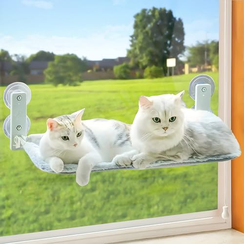 Bibykivn Katzenbett Fenster Klappbar - Hängematte für Große Katzen mit Stabilen Saugnäpfen (Grauer Plüsch + Mesh, 52×30cm) von Bibykivn