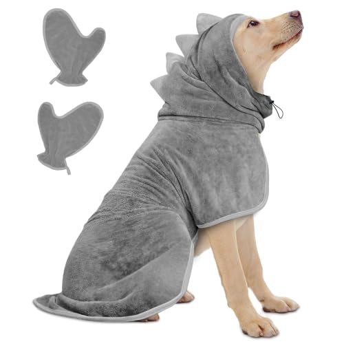 Hundebademantel Schnell Trocknend Badetuch aus Mikrofaser, Bibykivn Einstellbar Hundehandtuch mit Klettverschluss, Saugfähiger Hunde Bademantel mit Hut für Mittlere Kleine Hunde (Grau, M) von Bibykivn