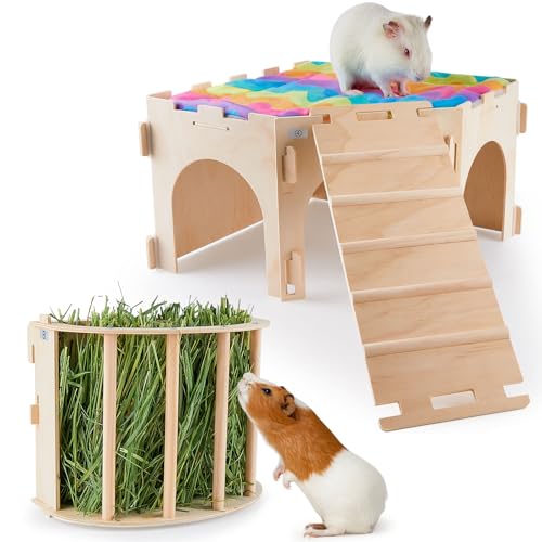 Bienbee Meerschweinchenversteck Großes Holzkaninchen Versteck mit Heufutterstation Set Eck-Meerschweinchenhaus Kleintierschloss mit weicher Matte und Treppe für Chinchilla, Hamster, Hase, Igel von Bienbee