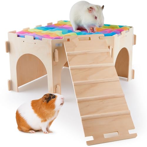 Bienbee Meerschweinchenversteck Großes Holzkaninchenversteck Eck-Meerschweinchenhaus Kleintierschloss mit weicher Matte und Treppe für Chinchilla, Hamster, Hase, Igel von Bienbee