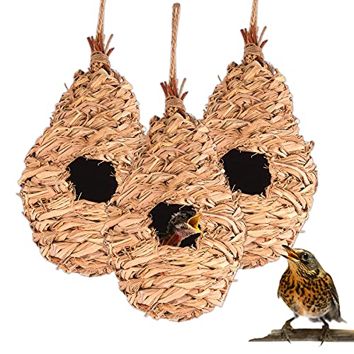 BigDean 3X Nisttasche Vogelnest gewebt 27 x 12 cm - 100% Naturprodukt - für Vögel wie Kohlmeisen, Spatz, Rotkehlchen, Zebrafinken - Nistkasten Vogel Unterschlupf von BigDean