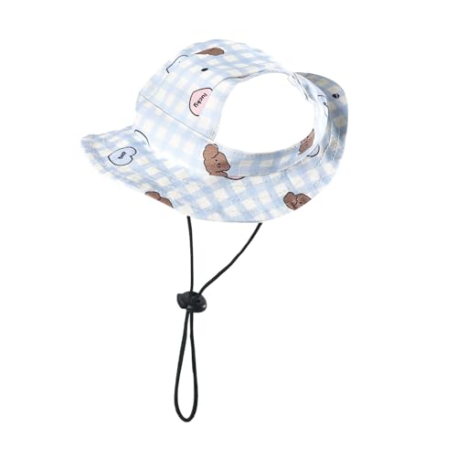 Fischerhut für Hunde mit Ohrlöchern, kariertes Design, runde Krempe, Outdoor-Sonnenhut, UV-Schutz, Fischerhut mit verstellbarem Riemen, für kleine, mittelgroße Hunde, Katzen (Blau, S) von Bigougem