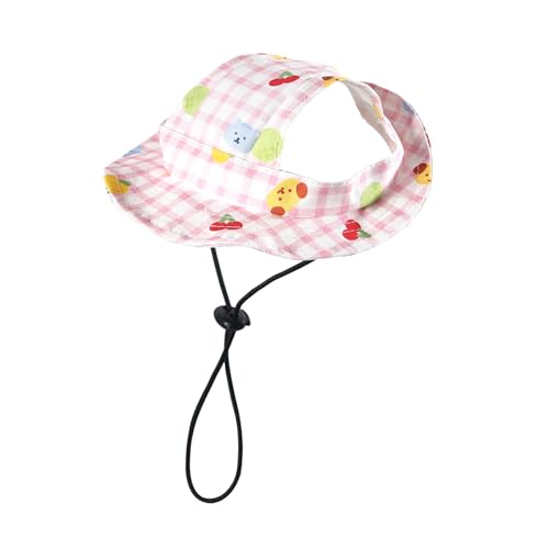 Fischerhut für Hunde mit Ohrlöchern, kariertes Design, runde Krempe, Outdoor-Sonnenhut, UV-Schutz, Fischerhut mit verstellbarem Riemen, für kleine, mittelgroße Hunde, Katzen (Rosa, S) von Bigougem
