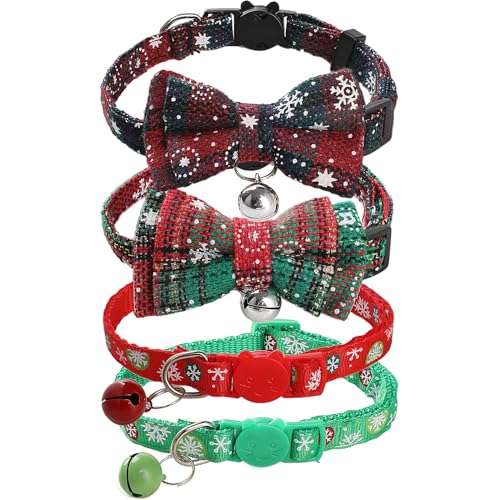 Bigqin 4 Stück Katzenhalsband Weihnachten, Reflektierende Katzen Halsbänder mit Sicherheitsverschluss und Glöckchen, verstellbares Halsband Katze von 19 bis 32cm von Bigqin