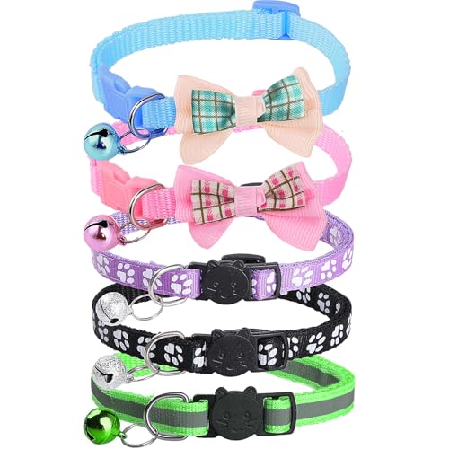 Bigqin 5 Stück Katzenhalsband, Reflektierende Katzen Halsbänder mit Sicherheitsverschluss und Glöckchen, verstellbares Halsband Katze von 19 bis 32cm von Bigqin