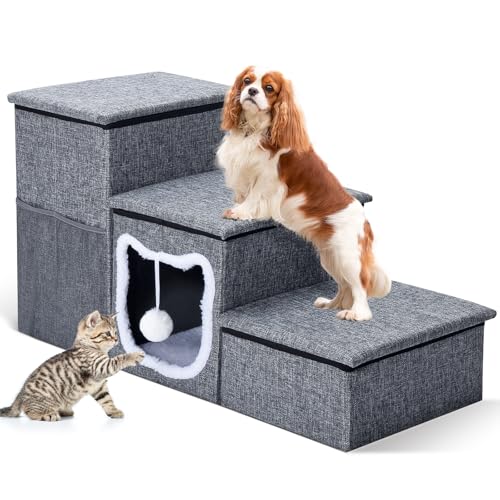 Bilibrara Hundetreppe für kleine Hunde, faltbare Haustiertreppe für Hochbett, rutschfeste 3-stufige Katzentreppe mit Stauraum, Wohnraum und flauschigem Ball, große Hunderampe für den Innenbereich, für von Bilibara