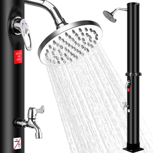 Solardusche 60 Liter, Solar Gartendusche mit Drehbarem Duschkopf und Fußarmatur, Außendusche mit Kunststoffboden und Gartenschlauch Anschluss, Einstellbares Warm und Kaltwasser, Maximal 60°C (60L) von Bilisder
