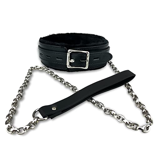 Bilisee Hundehalsband aus Leder für alle Rassen – weiches Innenfell für Komfort – abnehmbare Leinenkette – strapazierfähiges Lederhalsband mit Schnalle aus Legierung, schwarz von Bilisee