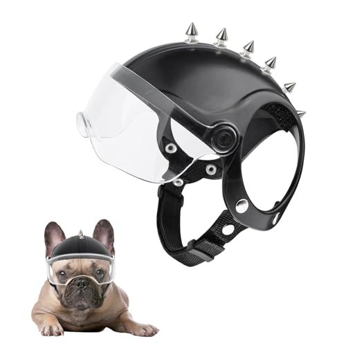 Billionchains Hundehelm mit UV-Schutz Transparenter Hundebrille Verstellbarer Cooler Hunde-Motorradhelm mit Herunterklappbarer Sonnenblende für Kleine Hunde ((Mit Nieten) von BillionChains