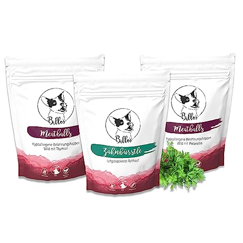 Hunde Leckerlis & Kaustangen Set Wild Getreidefrei Hypoallergen Zuckerfrei Glutenfrei Natürlich - Hundeleckerli Kaurollen Leckerlies Training Hundesnacks | Billos Set Wild Rehhaut von Billo's