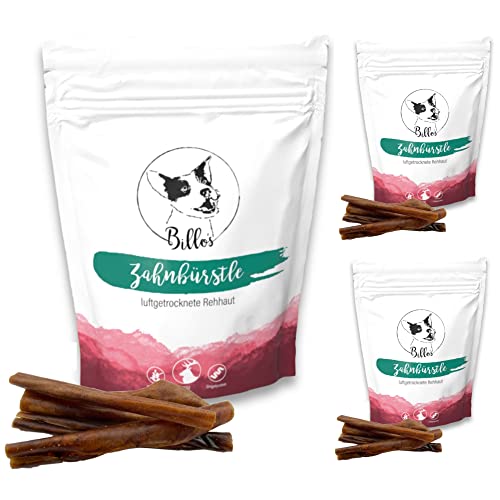 Zahnbürstle Rehhaut Kaustangen Natürlich & Getreidefrei - Rohhaut Kaurollen für Hunde gegen Zahnstein & Zahnbelag - Wild Rohleder Dental Sticks - Dog Chews | Billos REH-Haut 3er Pack (3X 120g = 360g) von Billo's