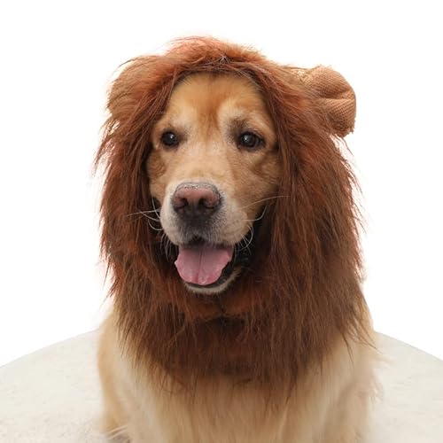 Lion Mane Perücke für Hund mit Ohren Dog Cat Lion Wigs Mane Hair Pet einstellbar Phantasie Lion Hair Dog Kleidung Kleid für Halloween Weihnachten Ostern Festival Party Aktivität (L,Dunkelbraun) von Bimhayuu