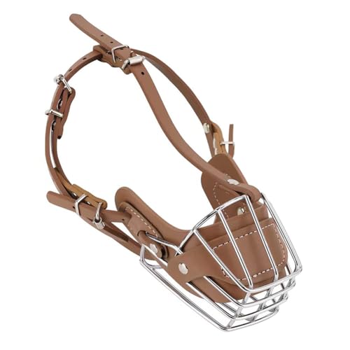 Maulkorb für Hunde, Drahtkorb für große Hunde, Metallgesichtskorb, Hundemund, atmungsaktiv, verstellbare Lederleine für Pitbulls und Deutsche Schäferhunde (Braun, L) von Bimhayuu