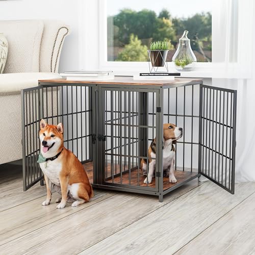 BingoPaw 2 in 1 Hundekäfig Schrank: Holz Indoor Hundebox im Möbelstil mit Abnehmbarer Trennwand und 4 Türen, Haustierkäfig für 2 kleine Hunde oder mittelgrosse Hunde L 90x62x68.5 cm Schwarz von BingoPaw