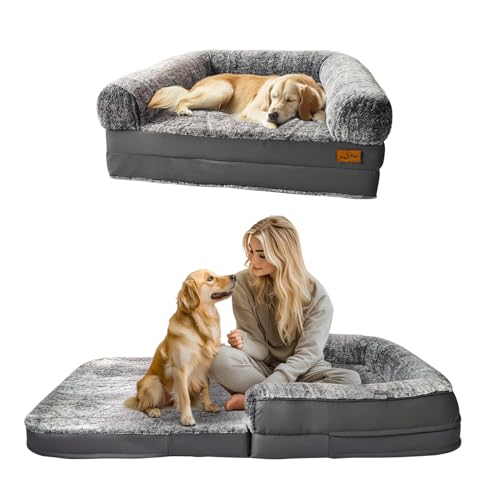 BingoPaw Hundebett für Menschen Hunde: 180x96x10 cm Hundebett für Erwachsene und Haustiere, XXXL faltbar orthopädisches Hundebetten in Menschengröße mit waschbarem PV-Samtbezug PU-Leder, grau von BingoPaw