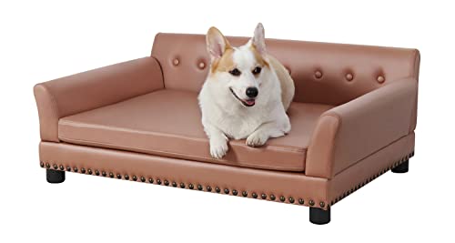 BingoPaw Hundesofa für Große Hunde: Luxus Hunde Couch Sofa aus atmungsaktivem wasserdichtem Leder - Mordern Haustiersofa mit Rückenlehne orthopädisches Hundebett und Holzbeinen - Braun 96x70x40cm von BingoPaw