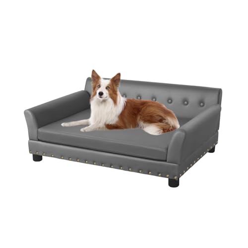 BingoPaw Luxus Hundesofa Grosse Hunde: Mordern Haustiersofa Mikrofaser Leder atmungsaktive wasserdicht Hundecouch Orthopädisches Hundesofa mit Rückenlehne und Holzbeinen, Grau XL 96x70x40cm von BingoPaw