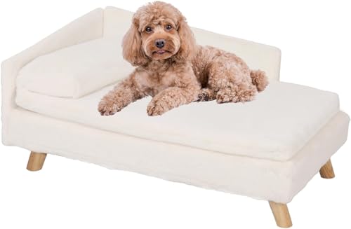 BingoPaw Luxus Hundesofa Hundecouch mit Rückenlehne Plüsch Kissen Holzbeinen, erhöhtes Hundebett Hundesofa für mittlere kleine Hunde, katzensessel für große Katzen, 80x50x39cm Beige von BingoPaw