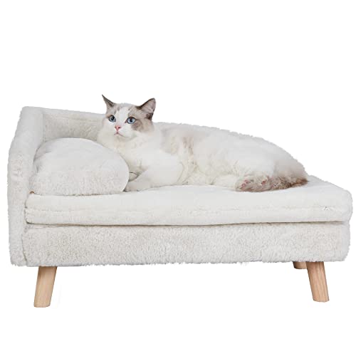 BingoPaw Luxus katzensofa Haustiersofa mit Rückenlehne Plüsch Kissen Holzbeinen, Hundesofa für kleine Hunde, Relaxsessel katzensessel für große Katzen, 70x40x39cm Beige von BingoPaw