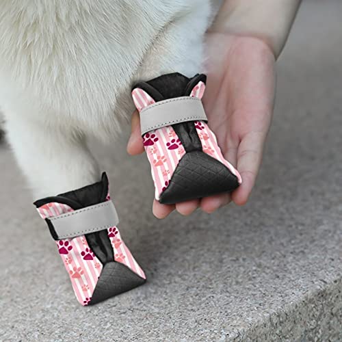 Binienty 4 Stück Hundeschuhe Haustier Stiefel Pfotenschutz Anti-Rutsch-Sohle Matte für Hartholzböden, rosa Linie mit Pfoten-Muster von Binienty