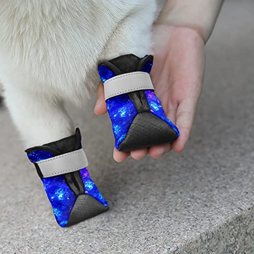 Binienty Blaue Galaxy Star Hundeschuhe 4 Stück Haustierschuhe für Outdoor mit reflektierenden Streifen, robuste rutschfeste Sohle Matte Hundeschuhe von Binienty