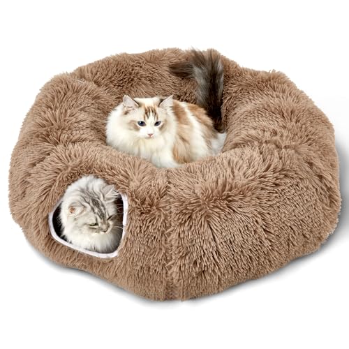 Bininl Katzentunnelbett für Indoor-Katzen, Peekaboo-Höhle, Donut mit waschbarem Kreiskissen, Innenkatzenspieltunnel (86,4 cm, Braun) von Bininl