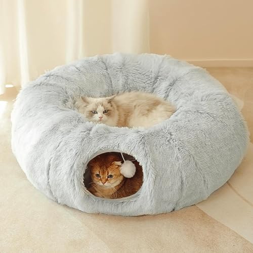 Bininl Tunnelbett für Indoor-Katzen, Peekaboo Katzenhöhle, Donut mit waschbarem Kreiskissen, Innenkatzenspieltunnel (86,4 cm, Grau) von Bininl