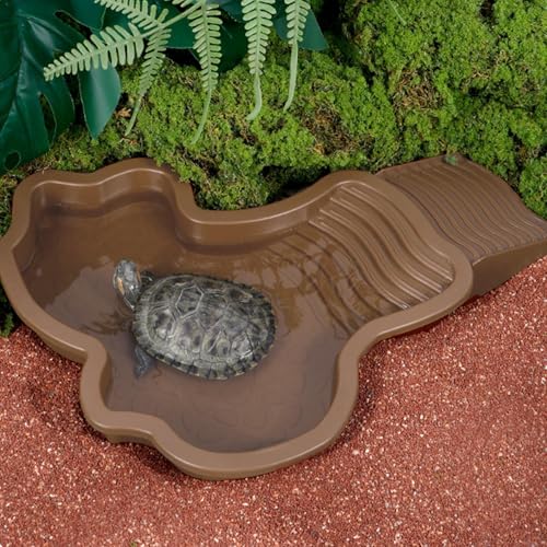 Schildkröten Wasserbecken | Reptilien Badebecken | Schildkröten Badeschale | Reptilien Wasserschale Mit Geneigter Futterplatte | Landschafts-Aquarium-Dekoration | 35x28.5x4.3cm | 3 Farben von Biniveil