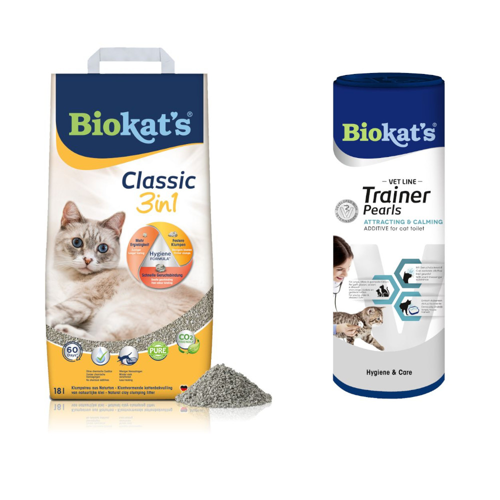 18 l Biokat's Classic 3in1 Katzenstreu + 700 g Vet Line Trainer Pearls zum Sonderpreis! - Parfümfrei + Attracting & Calming von BioKat's