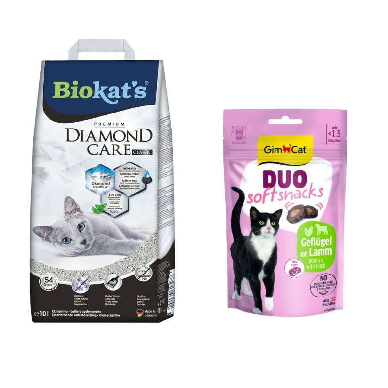 Biokat´s Diamond Care Katzenstreu + 50 g GimCat Duo Soft Snack Lamm & Geflügel gratis! - Classic 10 l von BioKat's
