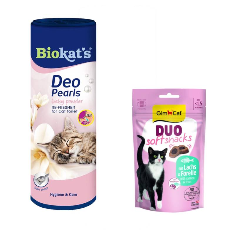Biokat's Pearls + 50 g GimCat Duo Soft Snack mit Lachs & Forelle gratis! - 700 g Deo Pearls von BioKat's