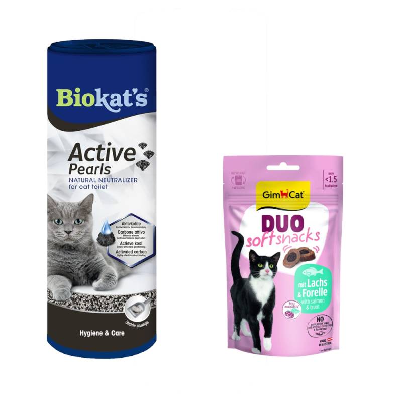 Biokat's Pearls + 50 g GimCat Duo Soft Snack mit Lachs & Forelle gratis! - 700 ml Active Pearls von BioKat's