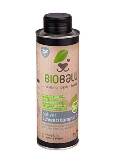 Biobalu Bio Schwarzkümmelöl 250 ml | Schwarzkümmelöl für Hunde & Pferde | Ergänzungsfutter zur Steigerung der Abwehrkräfte | Barf Öl & Schutz vor Parasiten von Biobalu