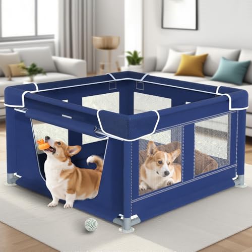 Laufstall für Hunde, 106,7 x 106,7 cm, Welpenlaufstall mit Tor für Welpen, Oxford-Tuch, reißfester Stoff, Haustier-Laufstall mit Dach für draußen und drinnen, Kippschutz, Reißverschluss-Tür, ideal für von Bipeoo