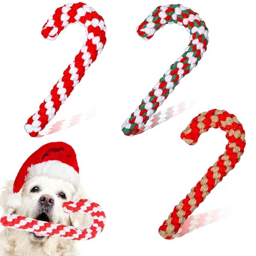 Bipl 3 Stück Weihnachten Hundespielzeug, Weihnachts Zuckerstange Seil, Zuckerstange Hunde Kauspielzeug, Weihnachten Seil Baumwolle Kauspielzeug, Interaktives Hunde Spielseil für Zahnreinigung von Bipl