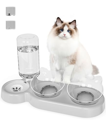 Katzen Futternapf Set,Birshe 3er Katzennapf Futternapf Katze Erhöht mit Automatischer Wasserflasche Katzennapf erhöht für Nass-Trockenfutter 15°Geneigte Fressnapf für Kleine (Dunkelgrau) von Birshe