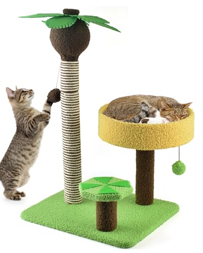 Bissap Katzenkratzbaum, Natürliche Katzenpalme Indoor Katzen 3 in 1 Sisal Kratzbäume mit Bett Sitzstange Hängender Ball Katzenkratzer für Kätzchen Kleine Erwachsene Katzen Turm Kletterer von Bissap