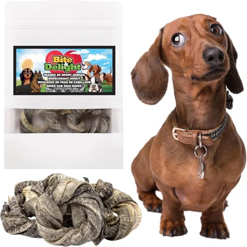 Bite & Delight 1kg Getrocknete Dorschhaut Donut Hundesnack Natürlicher Intensiver Geschmack Ring Snack Trockenfisch für Hunde von Bite & Delight