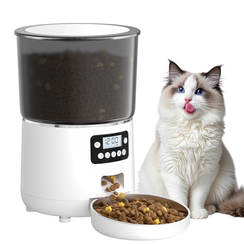 Bizcasa 4L Futterautomat Katze, Automatischer Futterspender Katze, Timer - 1-4 Mahlzeiten pro Tag, mit Edelstahlschüssel, Futterspender für Katzen und Hunde (Standard Weiß-4L) von Bizcasa