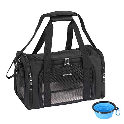 Bjkulatia Transporttasche für Hunde und Katzen, für kleine Hunde, Reisetasche, für Katzen, Hunde, Welpen, von Fluggesellschaften zugelassen, weiche Seiten, zusammenklappbar, schwarz, faltbarer Napf von Bjkulatia