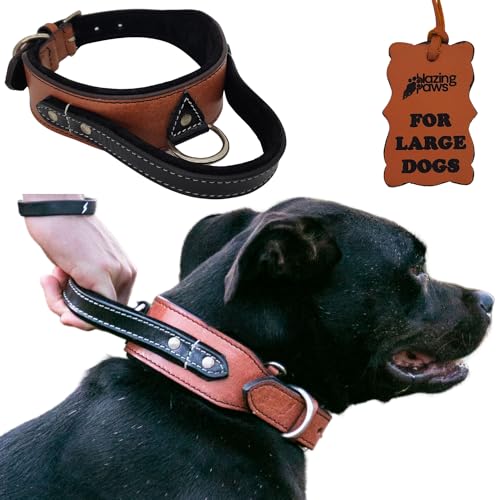 Blazing Paws Helvington 5,1 cm breit, strapazierfähig, taktisches Hundehalsband mit Griff, aus hochwertigem genarbtem Leder mit weicher Wildleder-Polsterung, für große Hunde, Größe L: Halsumfang von BlazingPaws