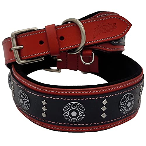 BlazingPaws Armington Western-Hundehalsband aus Leder, breit, 5.1 cm, für große Hunde, gepolstertes Hundehalsband mit Conchos und quadratischen Nieten (XL: 48.3–58.4 cm, Rot/Schwarz) von BlazingPaws