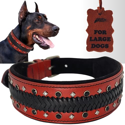 BlazingPaws Mariner 5,1 cm breites, dickes Luxus-Leder-Hundehalsband für große Hunde, Kristallnieten geflochten mit weicher schwarzer Wildlederpolsterung (XL: 48,3-58,4 cm, Rot) von BlazingPaws