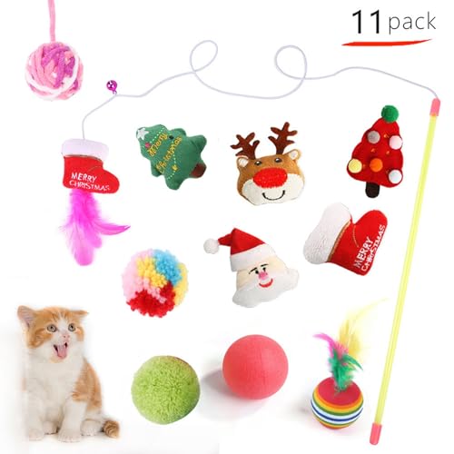 BlesConi Weihnachts-Katzenspielzeug-Set, Federball, Teaser, interaktives Spielset mit Mütze, Lätzchen, Umhang, Stirnband für Urlaub, Haustierunterhaltung von BlesConi