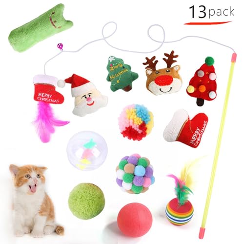 BlesConi Weihnachts-Katzenspielzeug-Set, Federball, Teaser, interaktives Spielset mit Mütze, Lätzchen, Umhang, Stirnband für Urlaub, Haustierunterhaltung von BlesConi