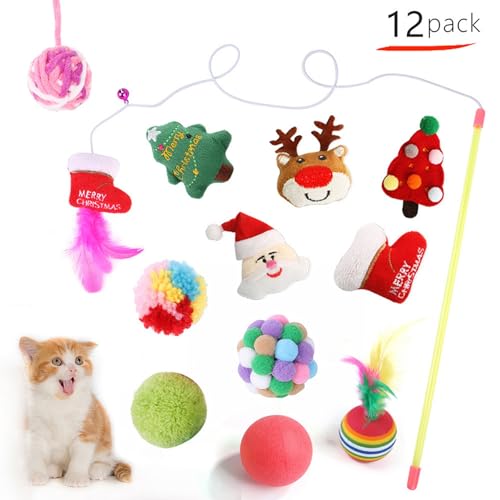 BlesConi Weihnachts-Katzenspielzeug-Set, Federball, Teaser, interaktives Spielset mit Mütze, Lätzchen, Umhang, Stirnband für Urlaub, Haustierunterhaltung von BlesConi