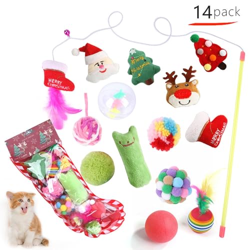 BlesConi Weihnachts-Katzenspielzeug-Set, Federball, Teaser, interaktives Spielset mit Mütze, Lätzchen, Umhang, Stirnband für Urlaub, Haustierunterhaltung von BlesConi